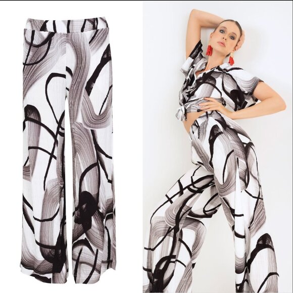 Dolcezza Pants Wide Leg Abstract Poetry in Black & White size L Lagenlook Artsy - Picture 1 of 12